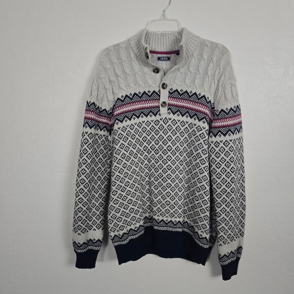 Izod Mens Sweater Fair Isle Button Mock Neck Grandpa Core Coastal Nordic Ski XL - Picture 11 of 14